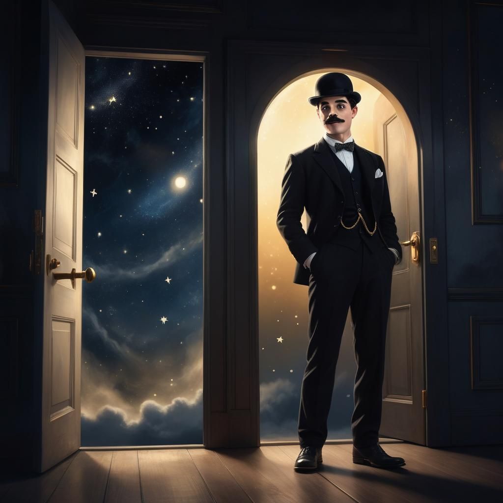 Chaplin-Inspired Figure Enters Starry Cosmos as Dark Fantasy...