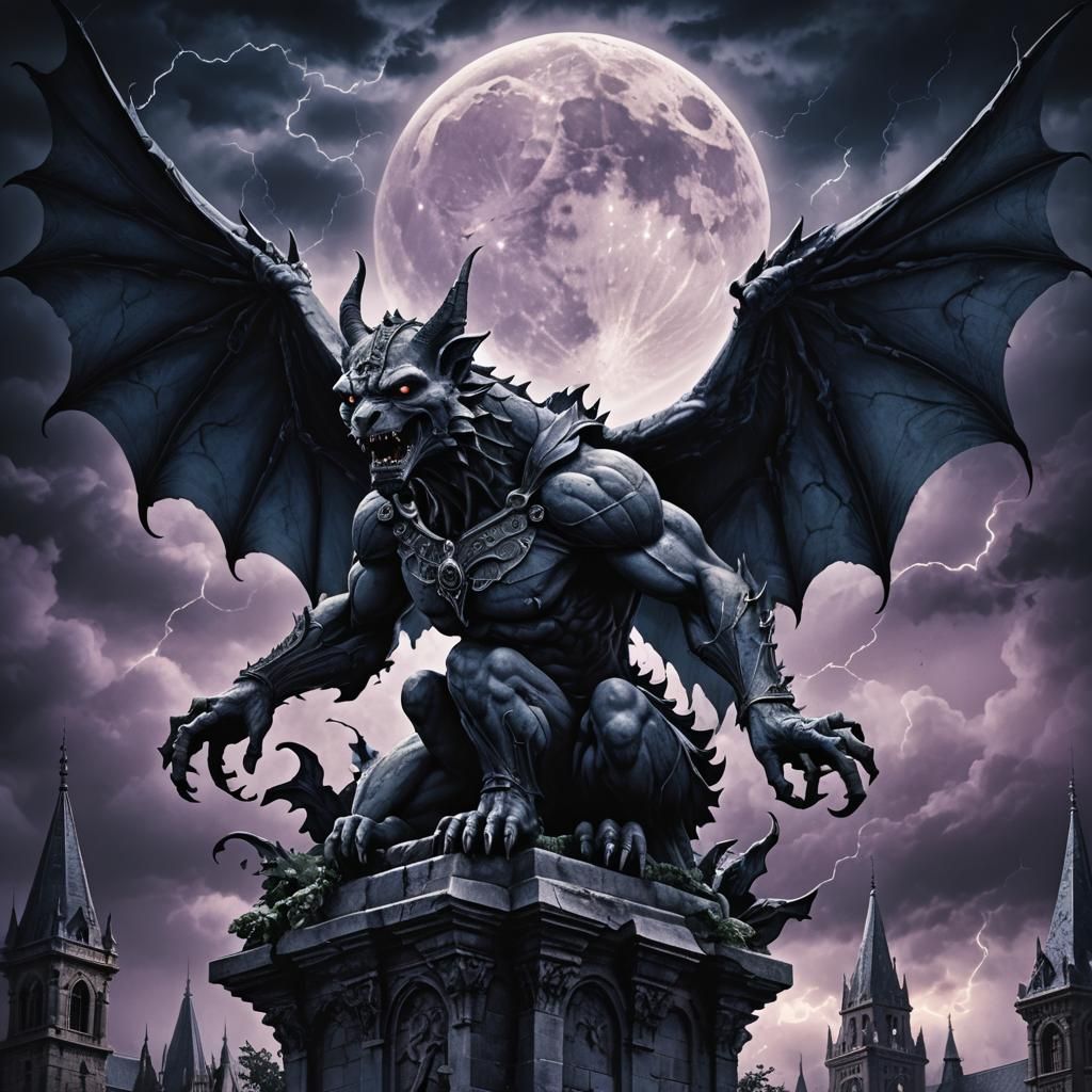 Gargoyle in a Thunderstorm Under Full Moon