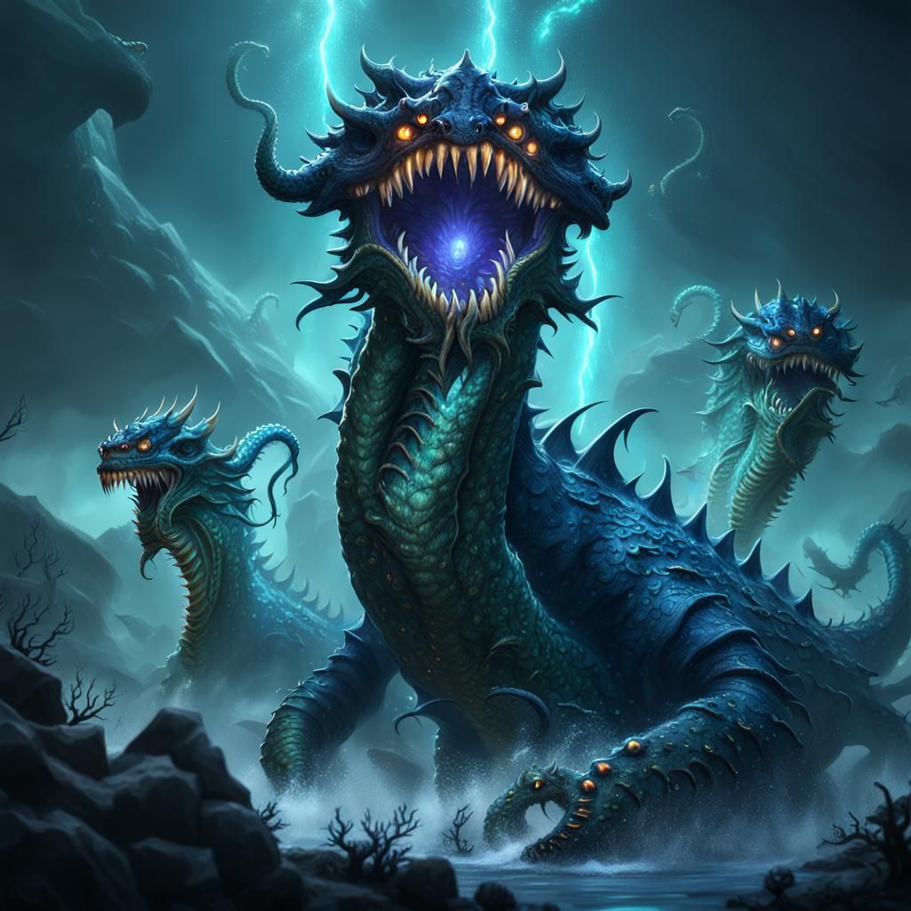 Blizzard Hydra Sea Monster with Glowing Eyes