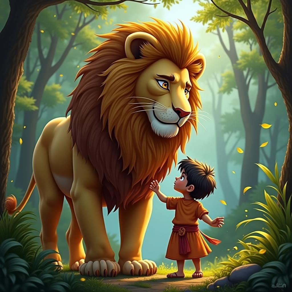 Lion in Forest with Boy: Digital Matte Painting
