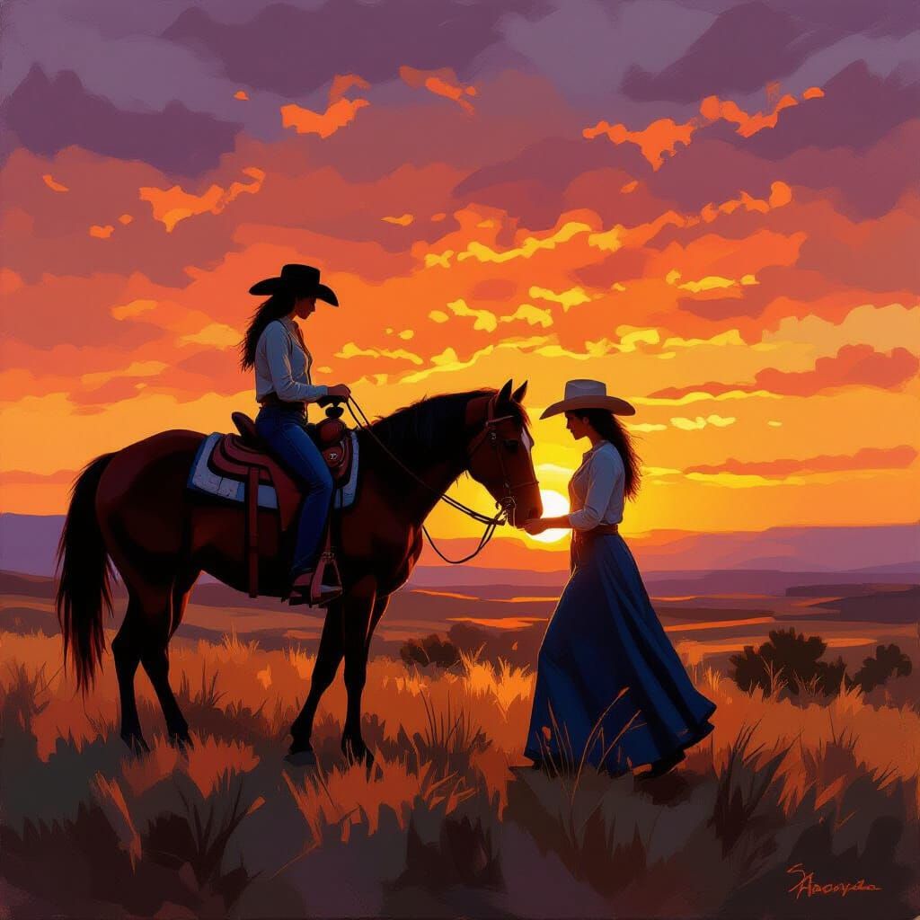 Cowgirl and Horse Bond at Dawn Oil Painting