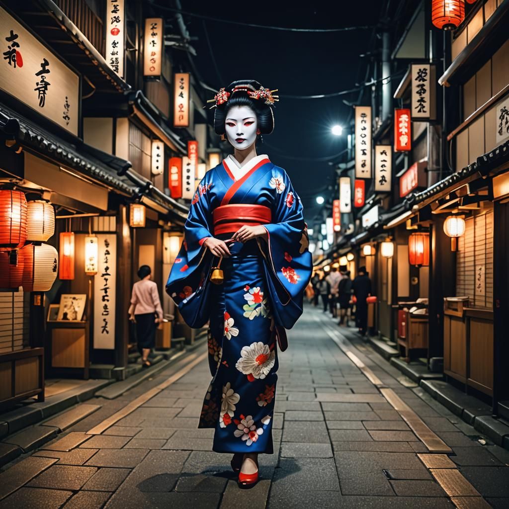 Geisha Walks Japan Street at Night