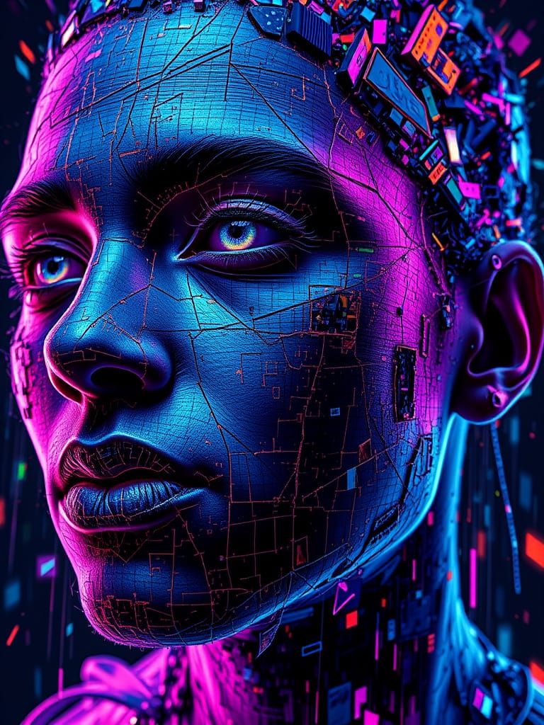 Glitch Art Portrait: Shattered Avatar in Digital Painting
