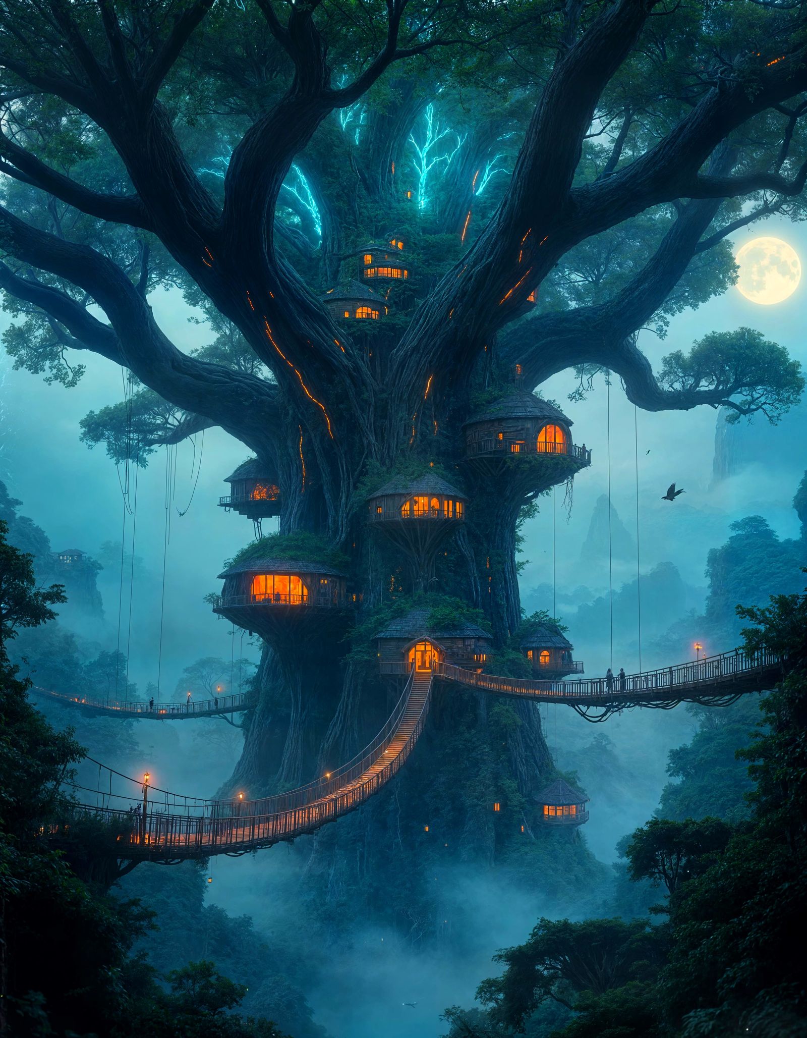 Bioluminescent Treetop Village in Cyberpunk Style