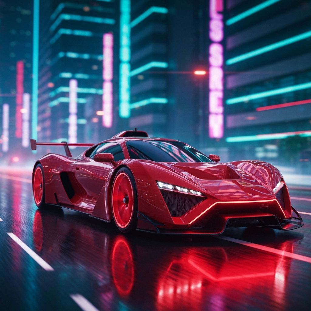 Futuristic Race Car Speeds Through Neon Cityscape