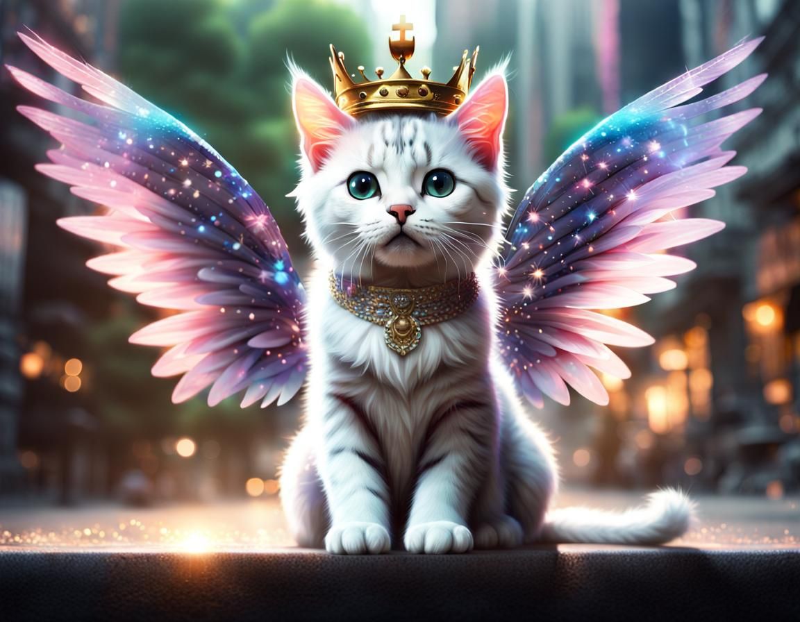 Adorable Winged Cat with Crown: Hyperdetailed Fairy Art