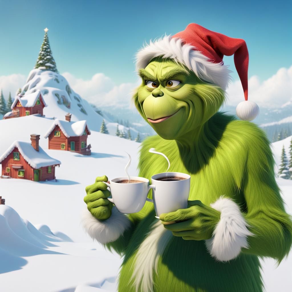 Grinch Coffee Break on Snowy Hill - Pixar Style