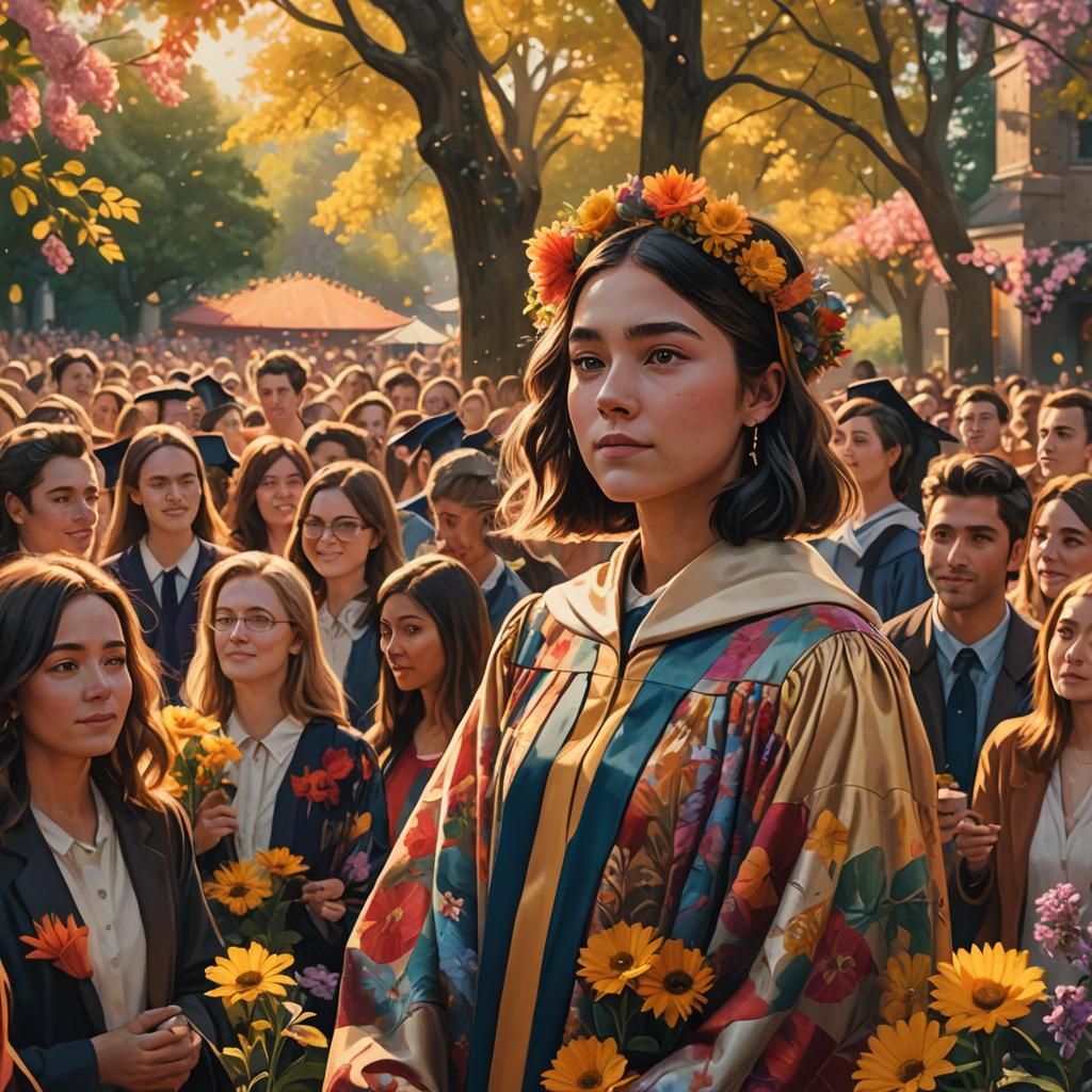 Graduate Stands Alone in Festive Crowd