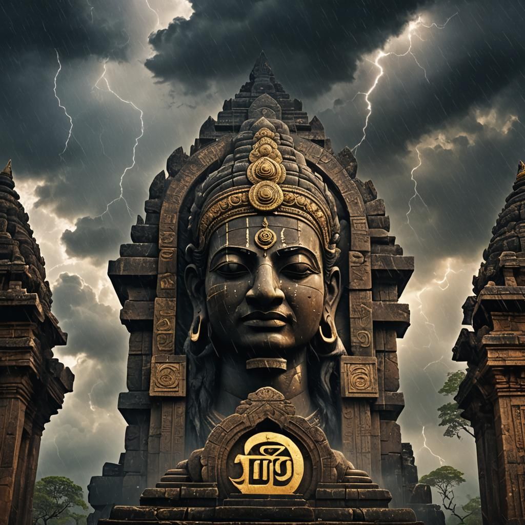 Majestic ancient temple under a dramatic stormy sky
