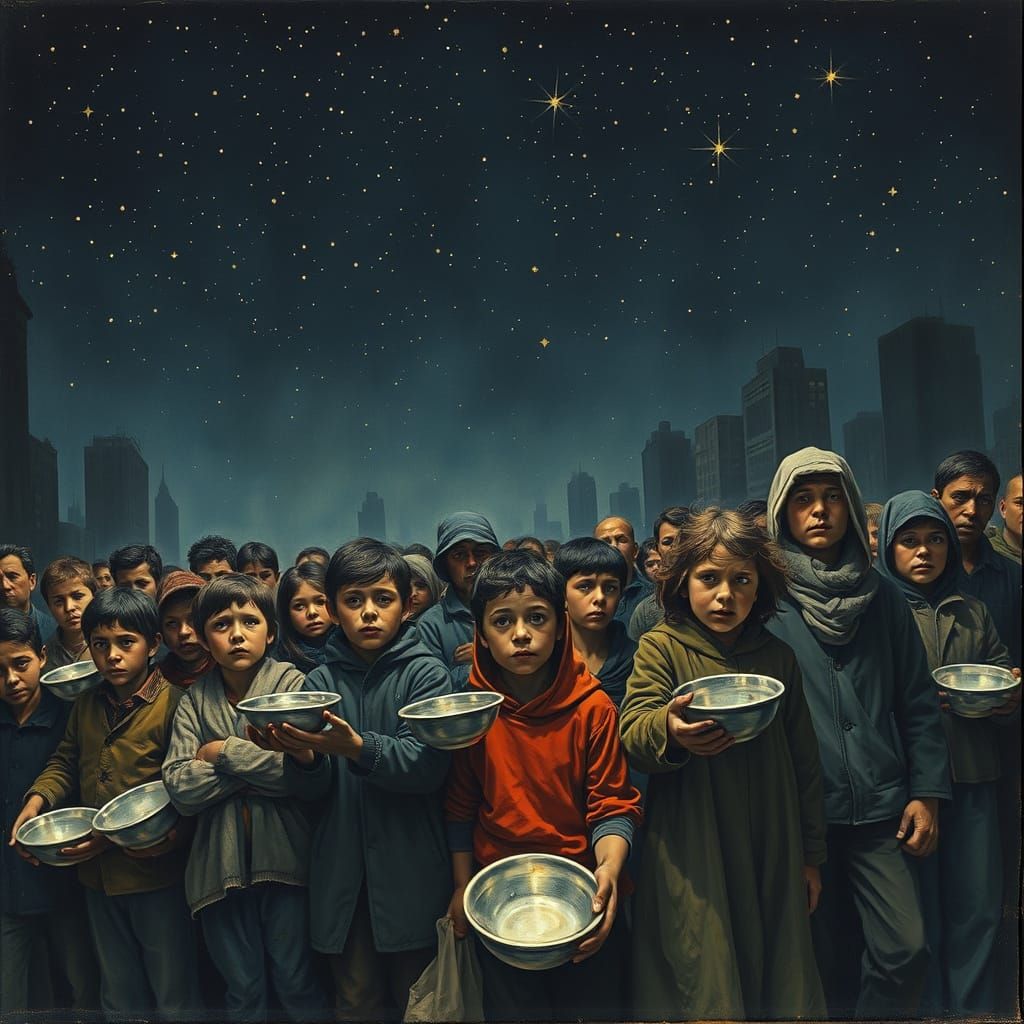 Homelessness in a Cityscape Under a Starry Night Sky