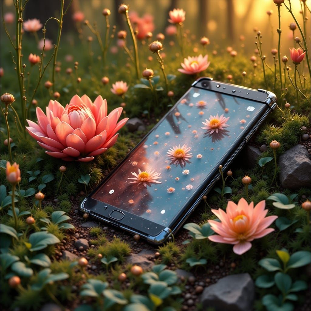 Modern Smartphone and Flower in Garden