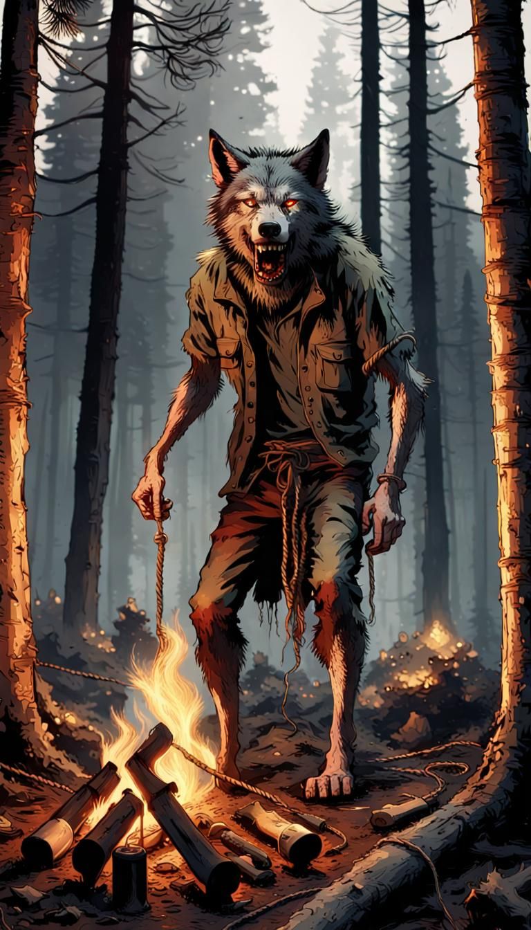 Realistic Werewolf in Pine Forest at Night