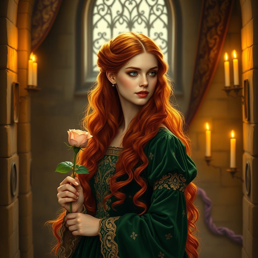 Medieval Maiden Offers Rose in Warm Candlelight