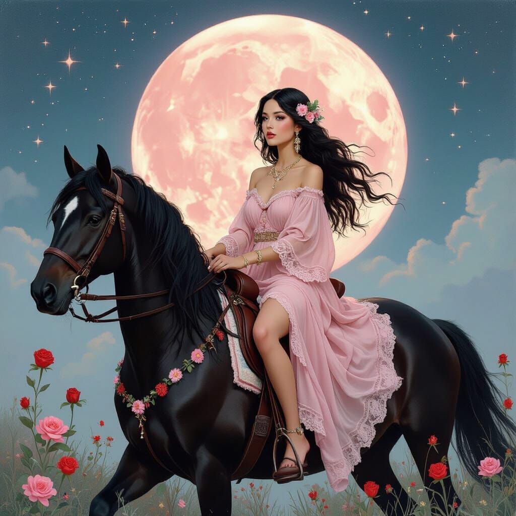 Bohemian Woman Rides Horse Under Strawberry Moon