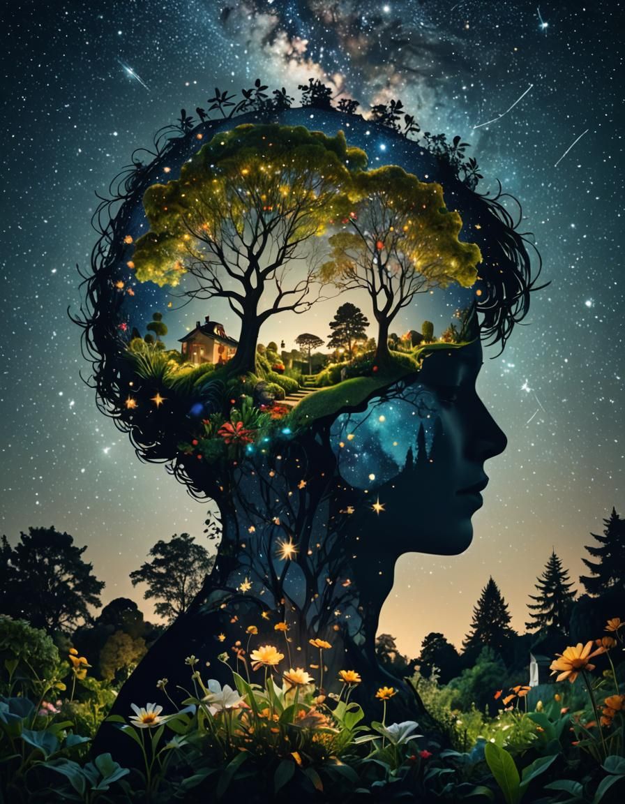 Surreal Garden Head Silhouette Under Starry Sky