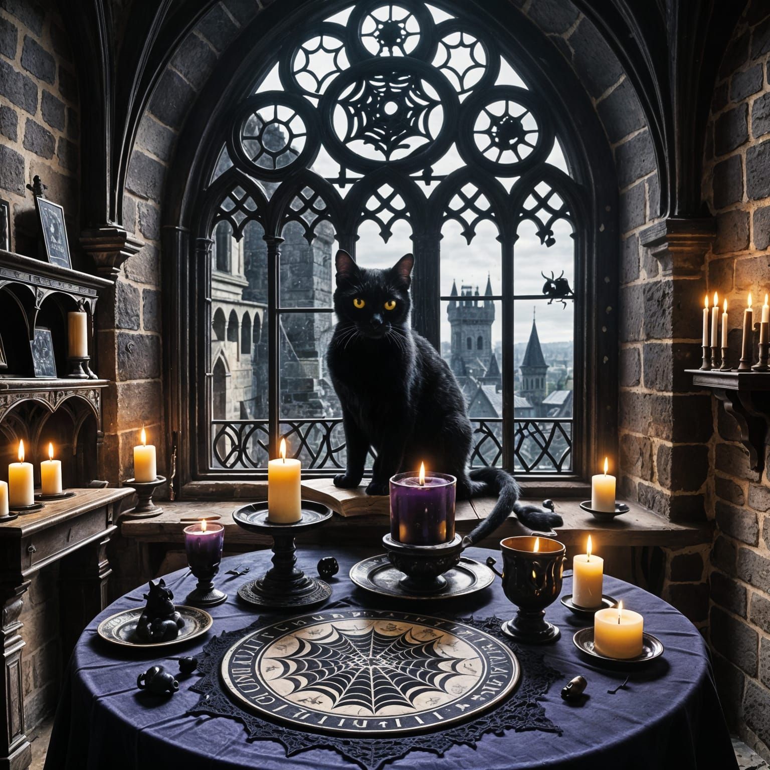 Gothic Ouija Scene in a Castle Tower