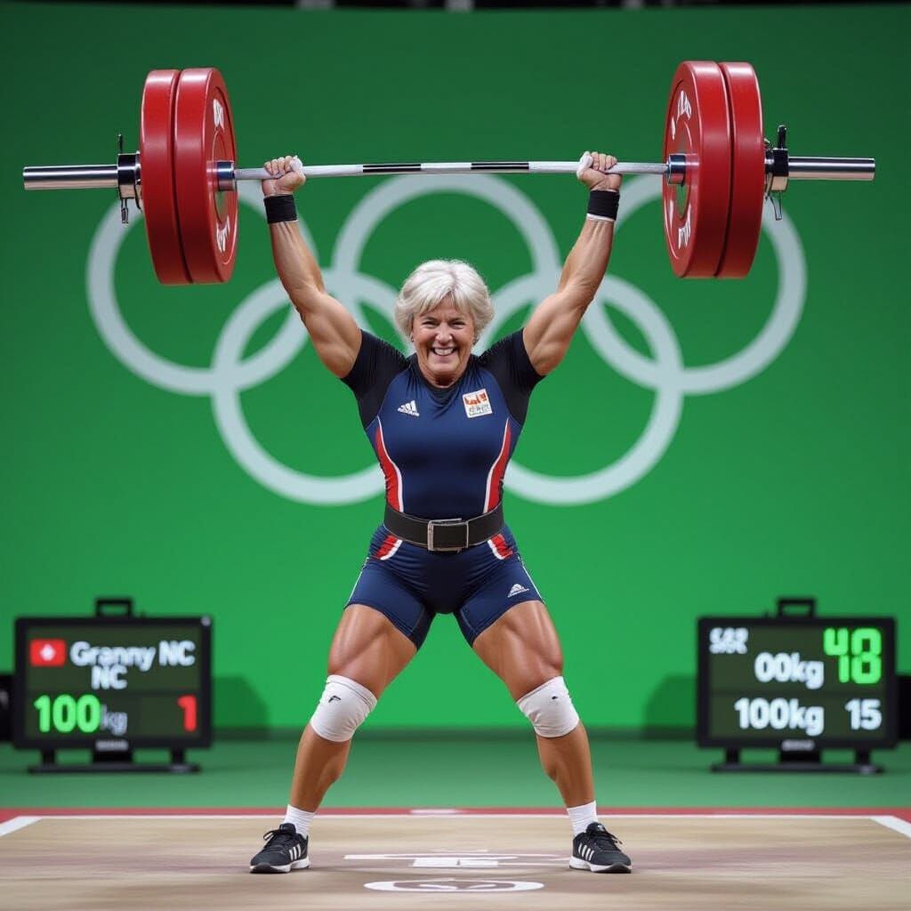 Energetic Granny Weightlifter in Olympic Victory Pose