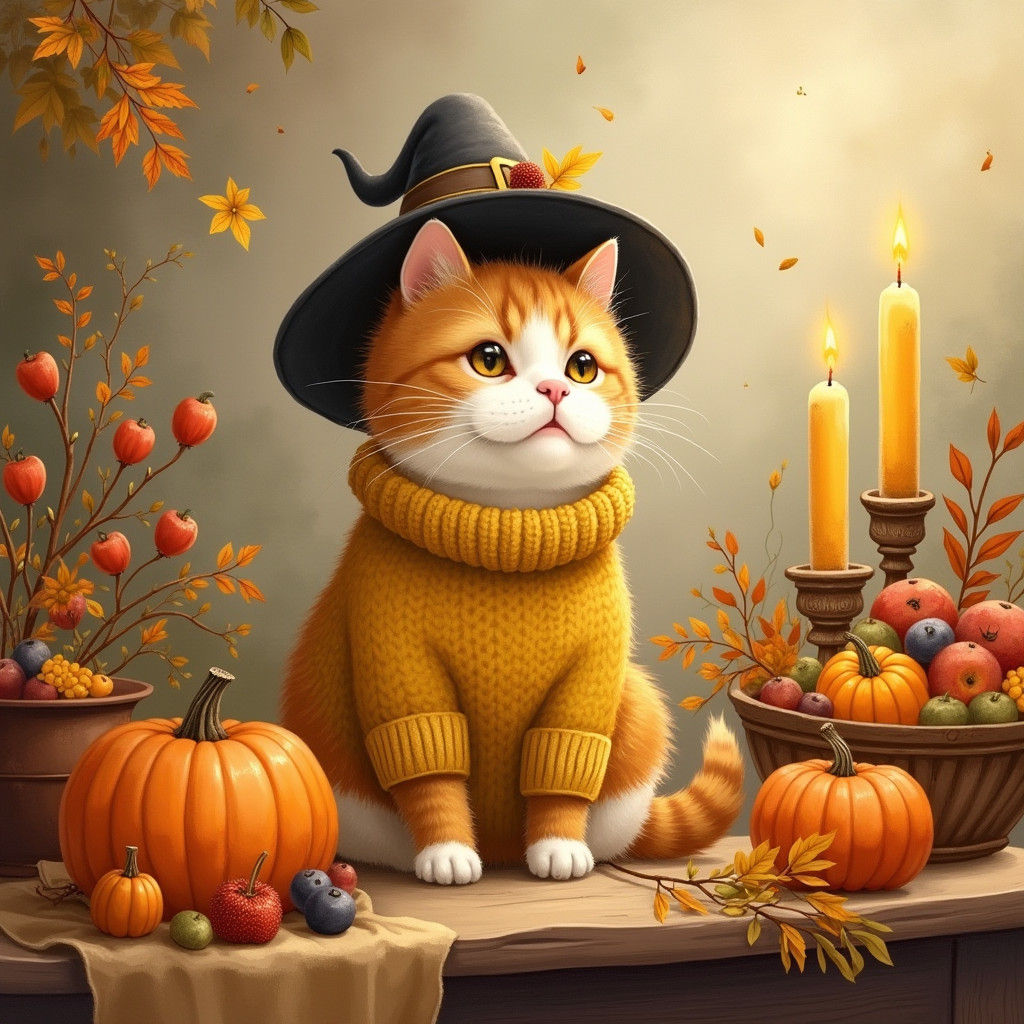 Thanksgiving Cat in Watercolor Style