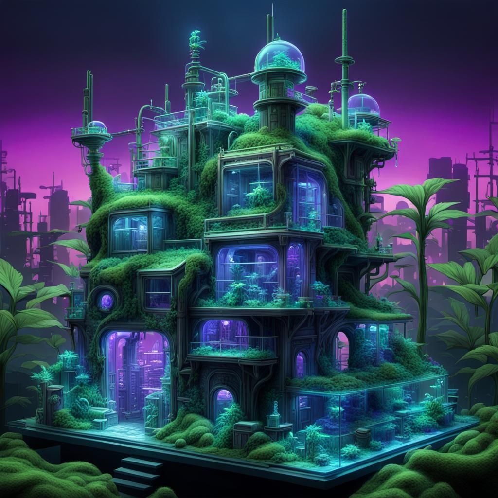 Neon Mechanical City with Overgrowth