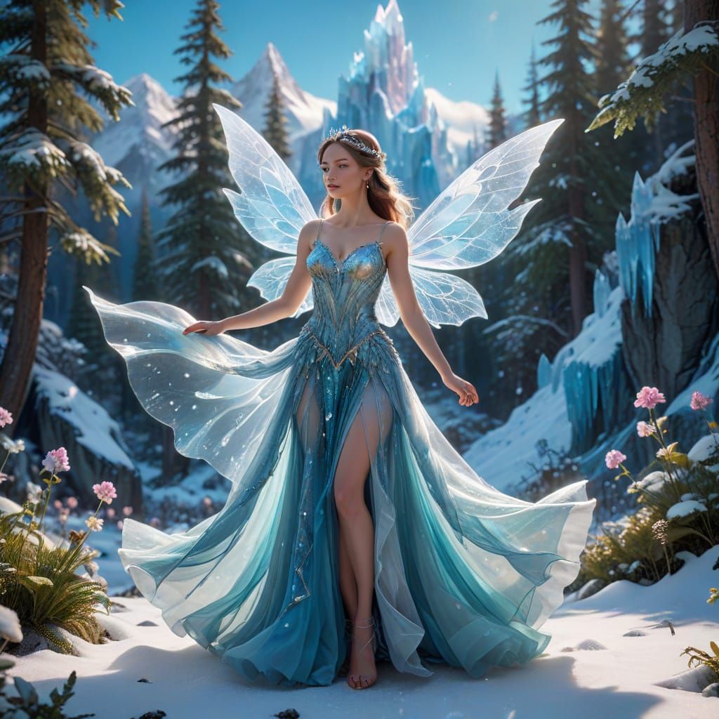 Whimsical Fairy in Enchanted Ice Forest with Majestic Mounta...