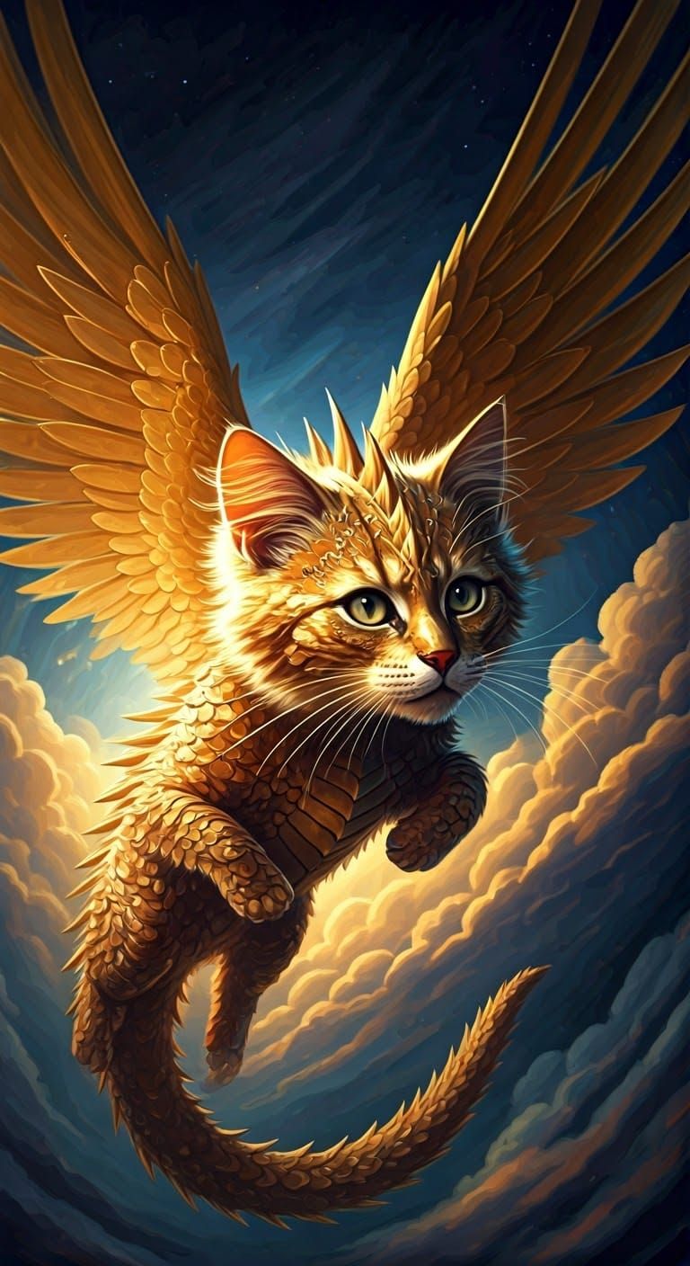 Golden Dragon Kitten Soars Through Swirling Night Sky in Vib...