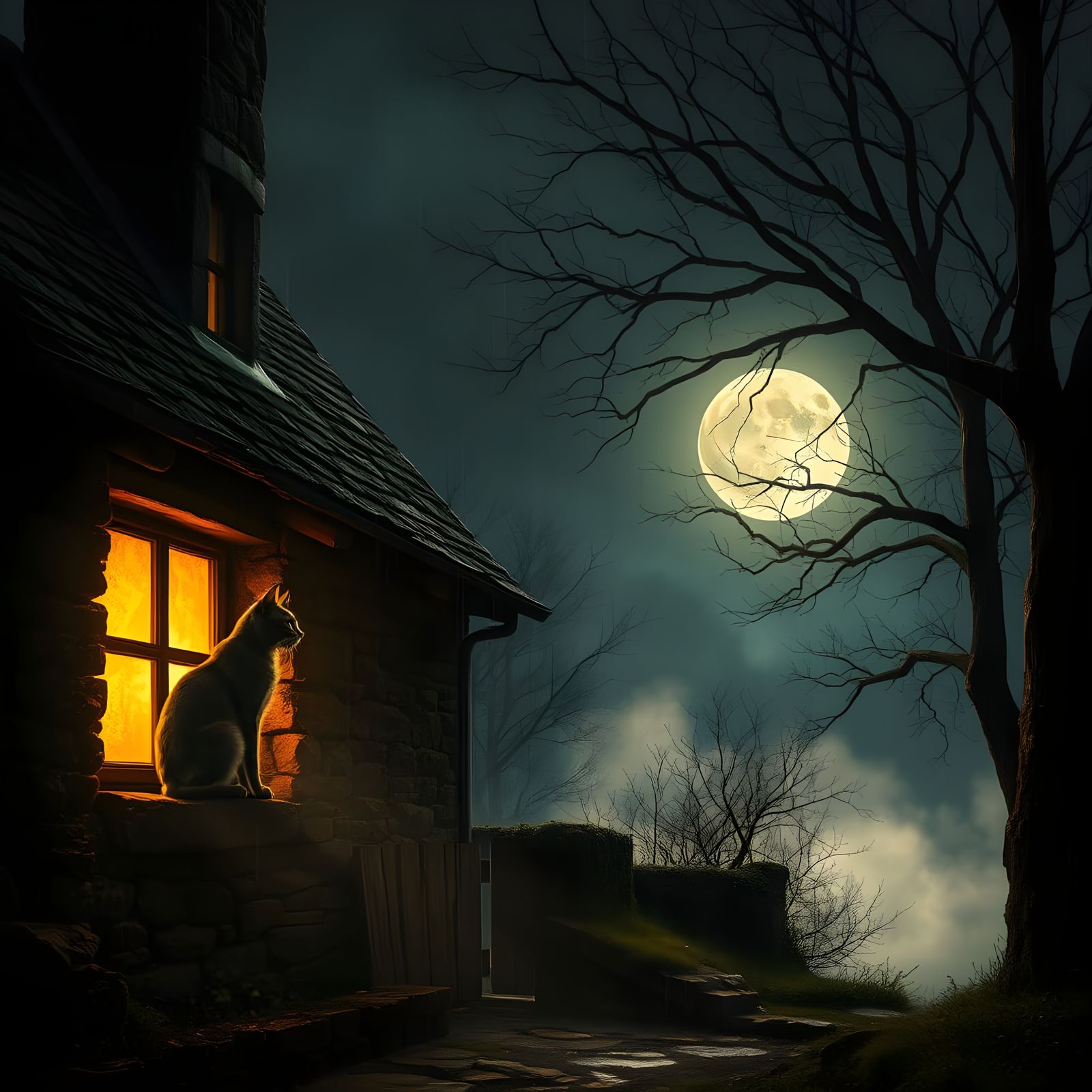 Moonlit Feline in a Stone Window Sanctuary