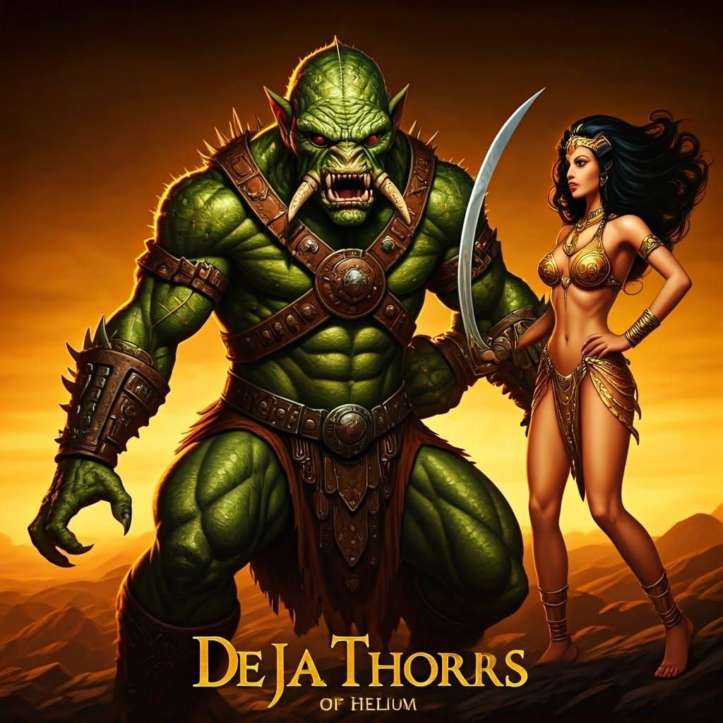 Green Alien Warrior Fights Pulp Fantasy Heroine