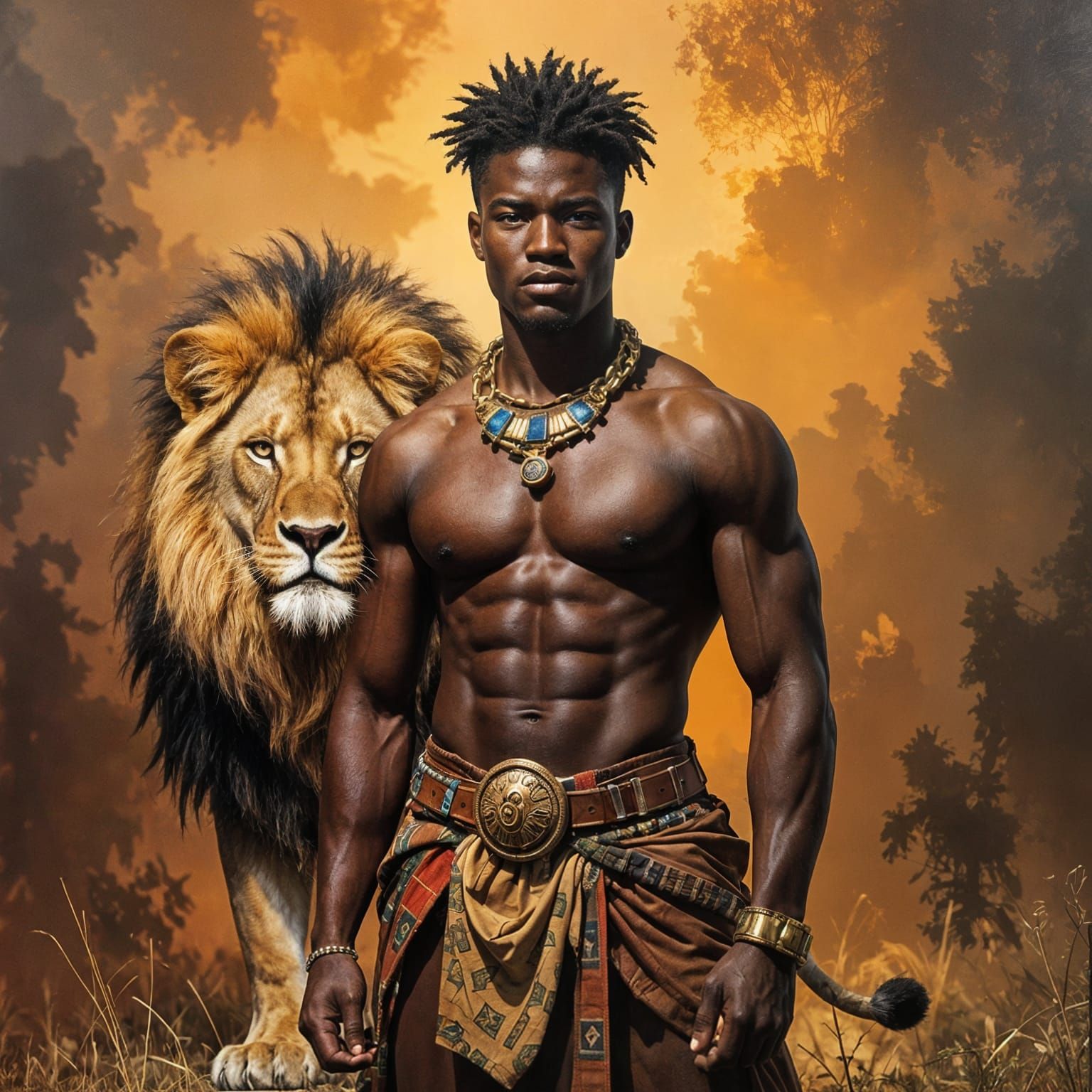 African Warrior with Mythical Lion, Oil Painting Style
