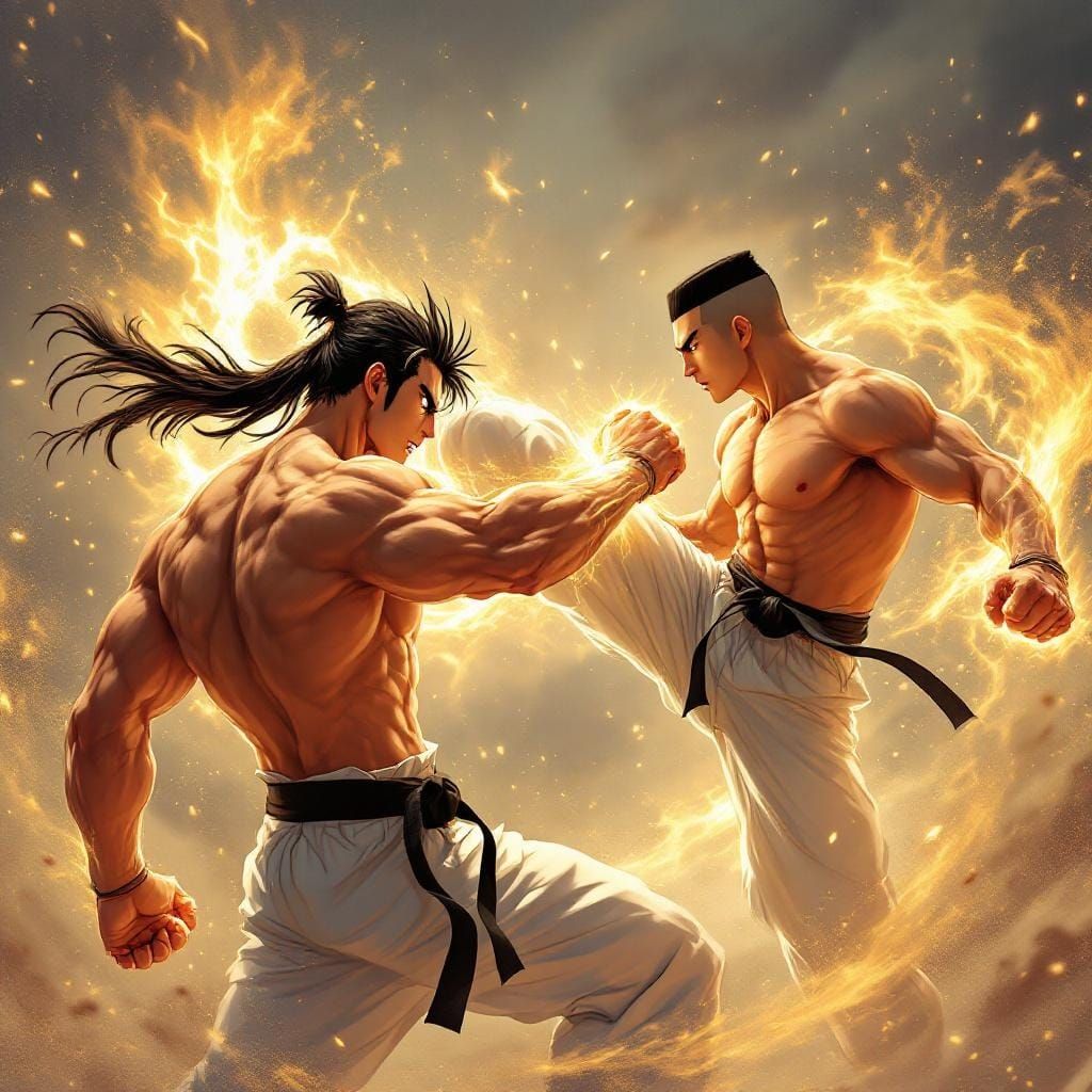 Dynamic Anime Karate Fight in Early Morning Light