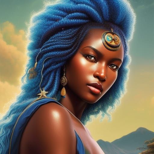 Celestial Xhosa Girl with Blue Hair in Fantasy Art