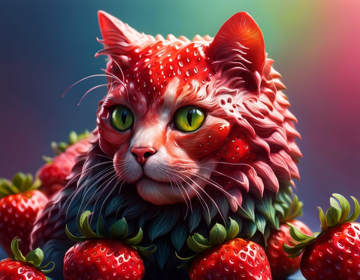 Strawberry Cat in Vibrant, Hyperrealistic Art