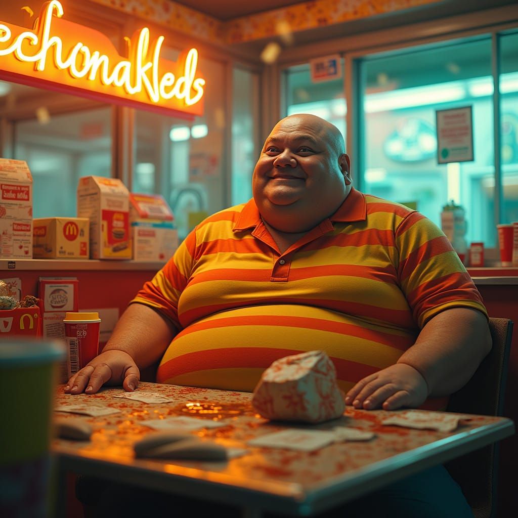 Overweight Man in Vibrant Striped Shirt at a Fantastical McD...