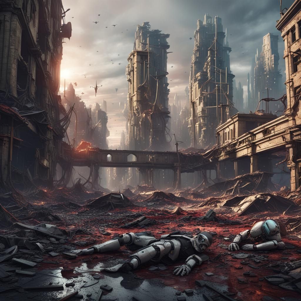 Dystopian City Ruins with Broken Androids