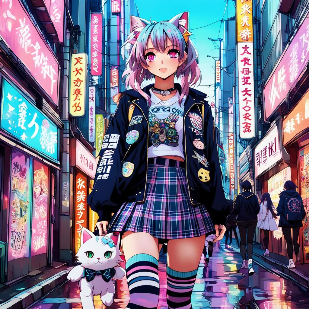Kawaii Neko Girl in Neon Tokyo: Anime Style