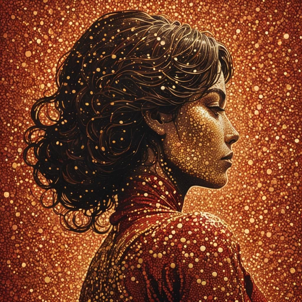 Golden Pointillist Woman on Red Milky Background