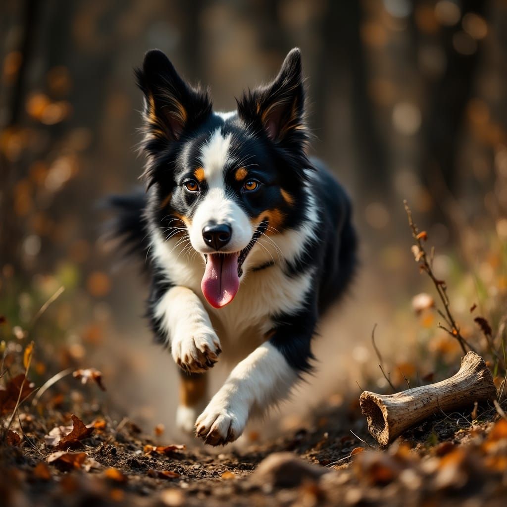 Black White Border Collie Chasing Bone in Action Photo Style
