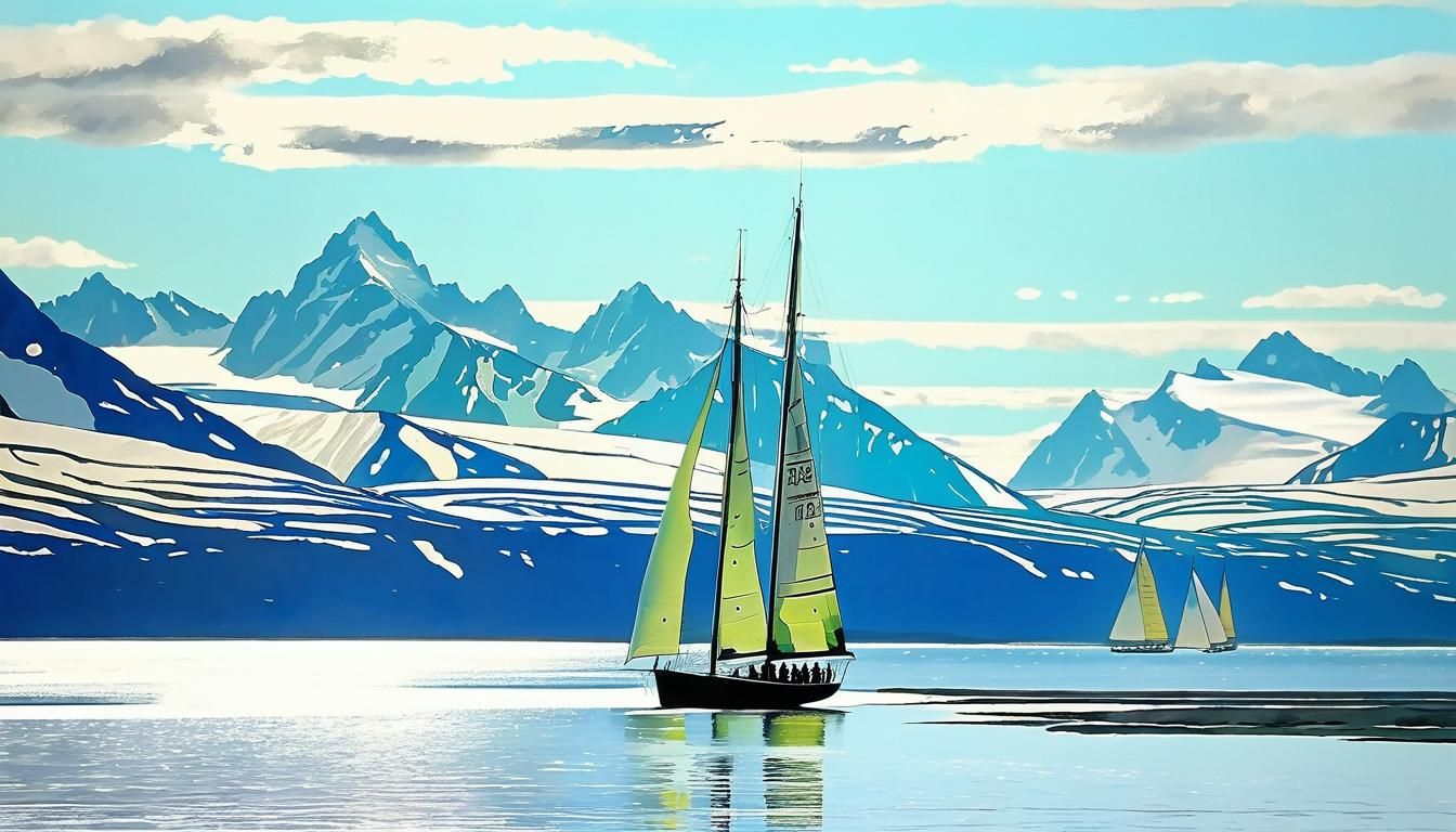 Sailing Boat on Alaskan Sea in Aquarell Style