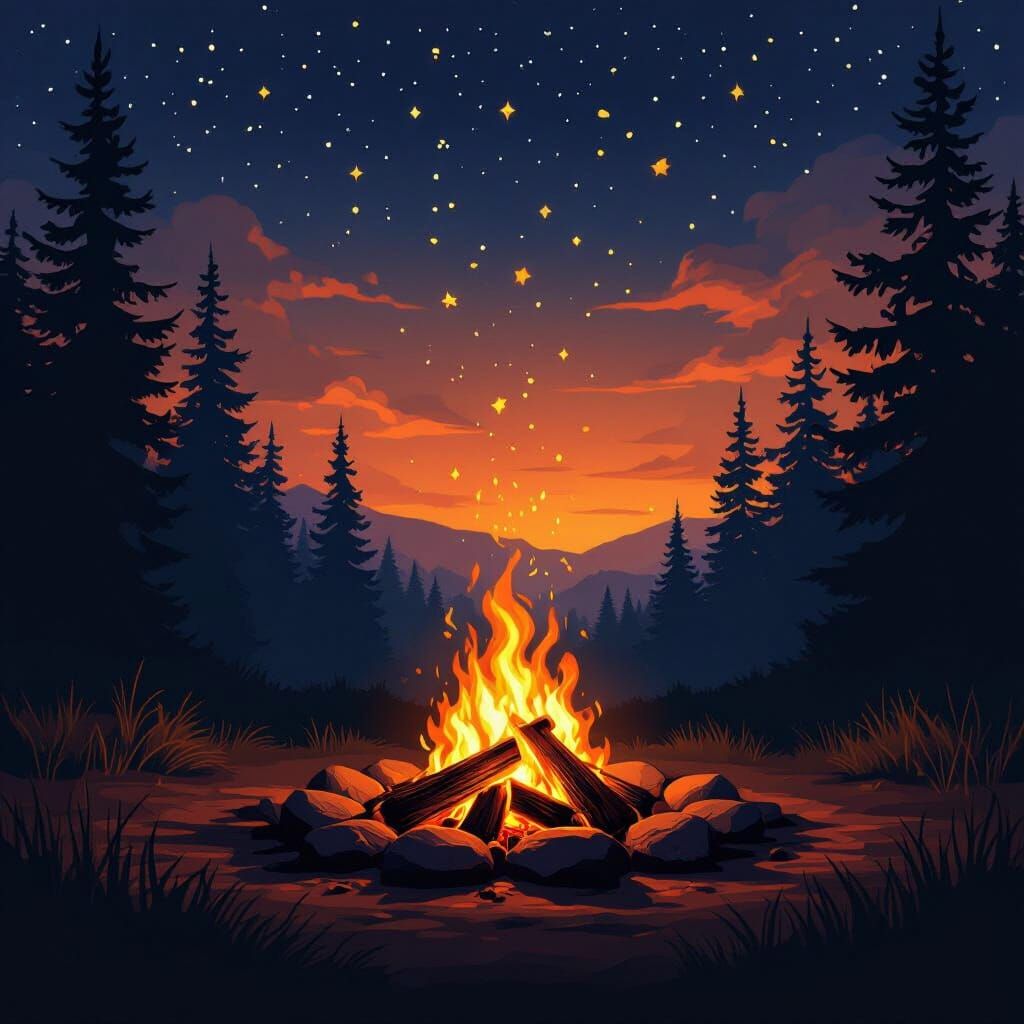 Warm Campfire Glow in Starry Forest Night