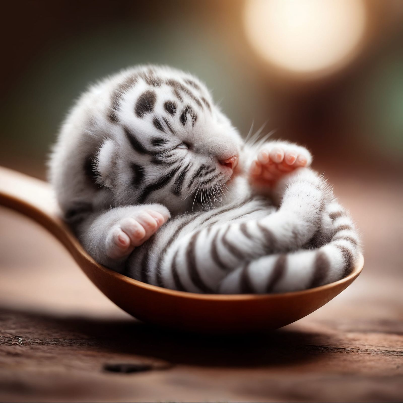 Tiny White Tiger Cub in a Spoon, Adorable Macro-Photograph