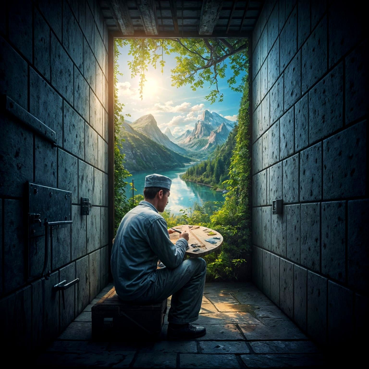 Prisoner's Serene Escape in Luminous Realism
