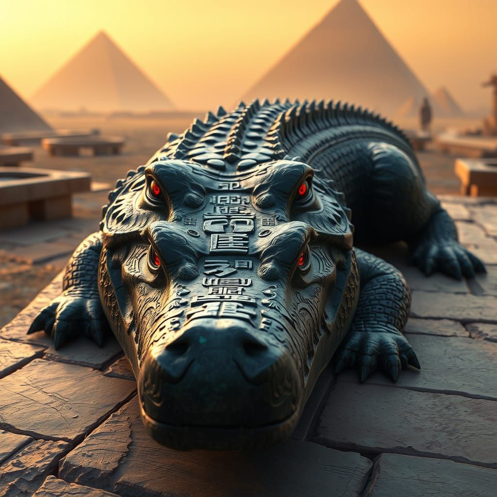 Ancient Egyptian Crocodile Bench in Obsidian, Gold, and Turq...