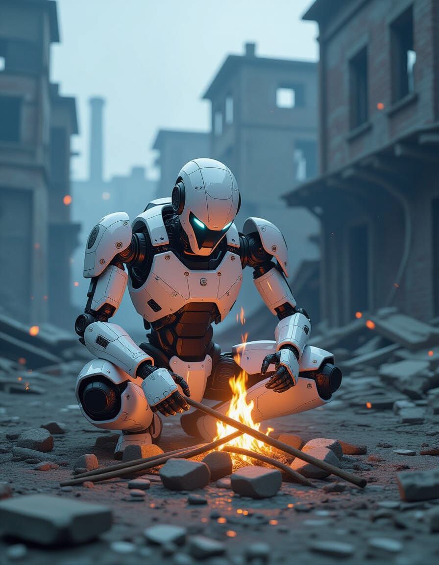 Robot Creates Fire Amidst Factory Ruins in 3D Anime Style