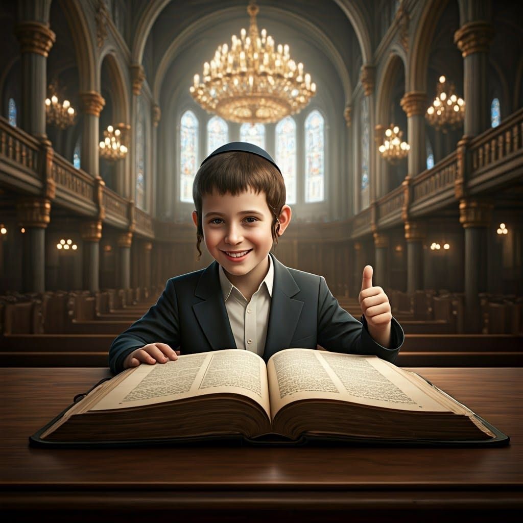 Boy Studies Pentateuch in Synagogue with Mystical Light