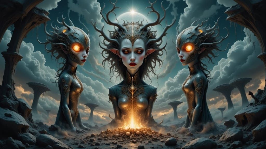 Exoplanet Totems Illuminated by Campfire Light