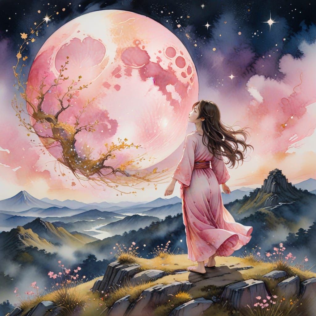 Girl Gazing at a Pink Moon in a Dreamy Watercolor Scene