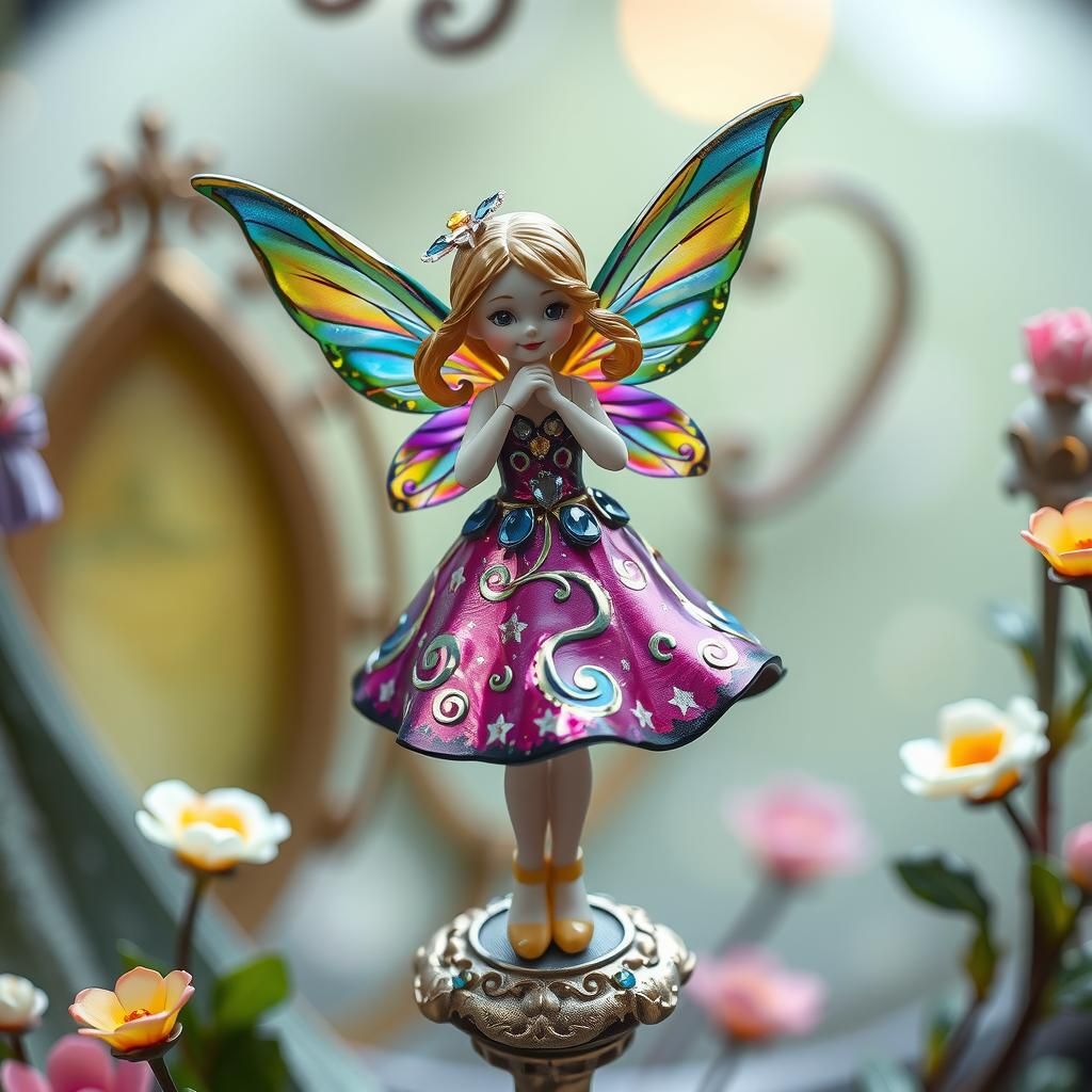 Enameled Glass Fairy Figurine with Iridescent Wings