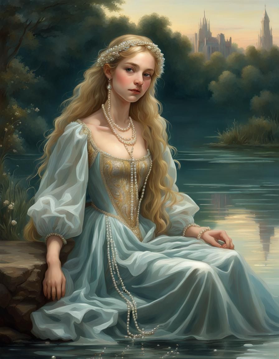 Renaissance Girl with Pearl Embroidery in Lake