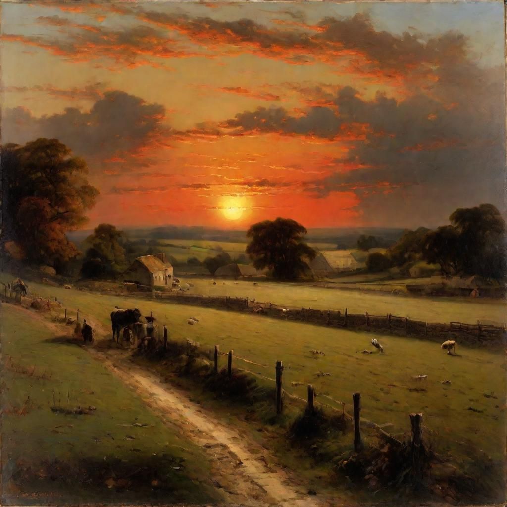 English Farm Sunrise in Historical Oil Painting Style