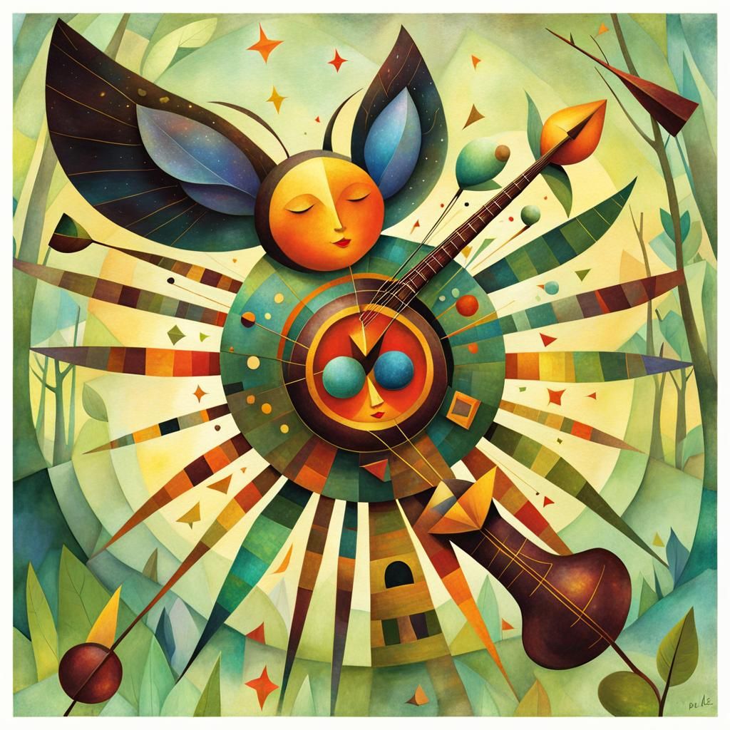 Forest Dreamscape with Musical Instruments in Mixed Media