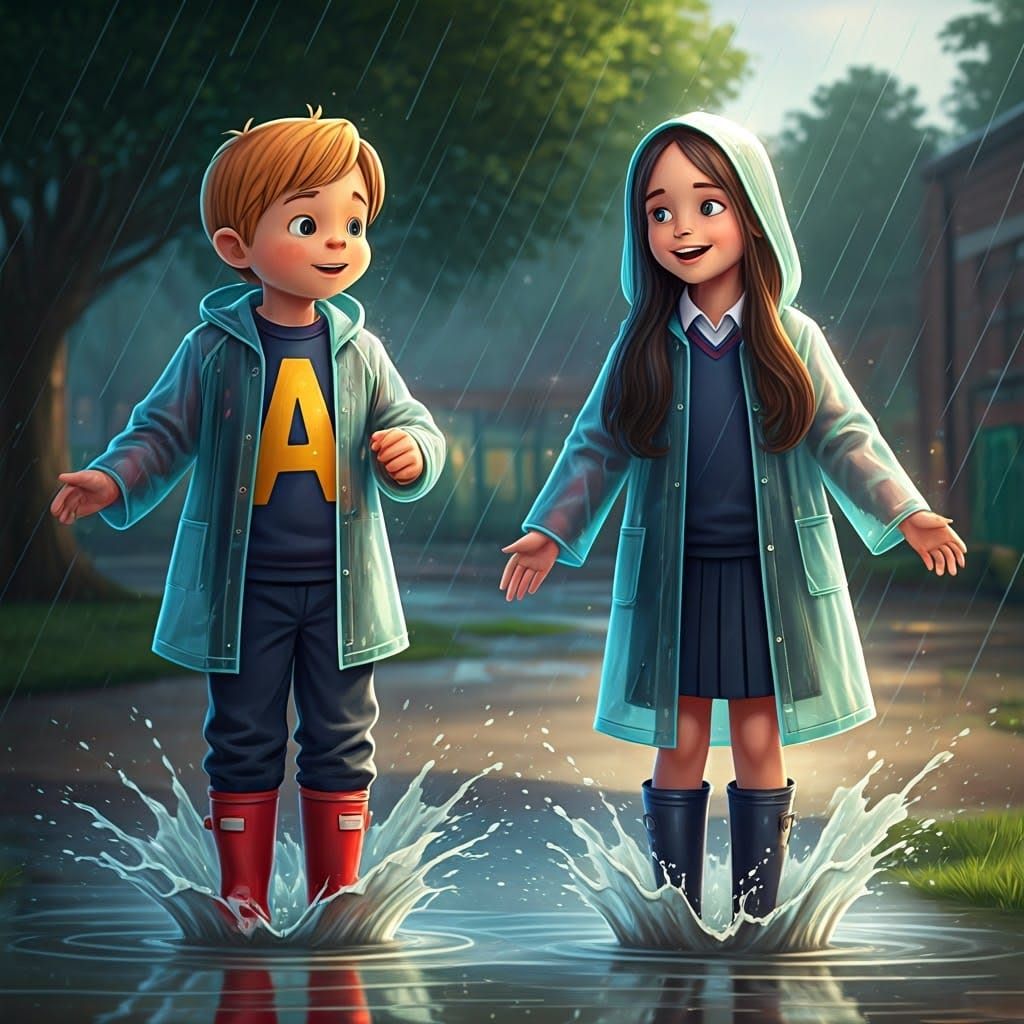 Children Play in Rainy Schoolyard Puddles